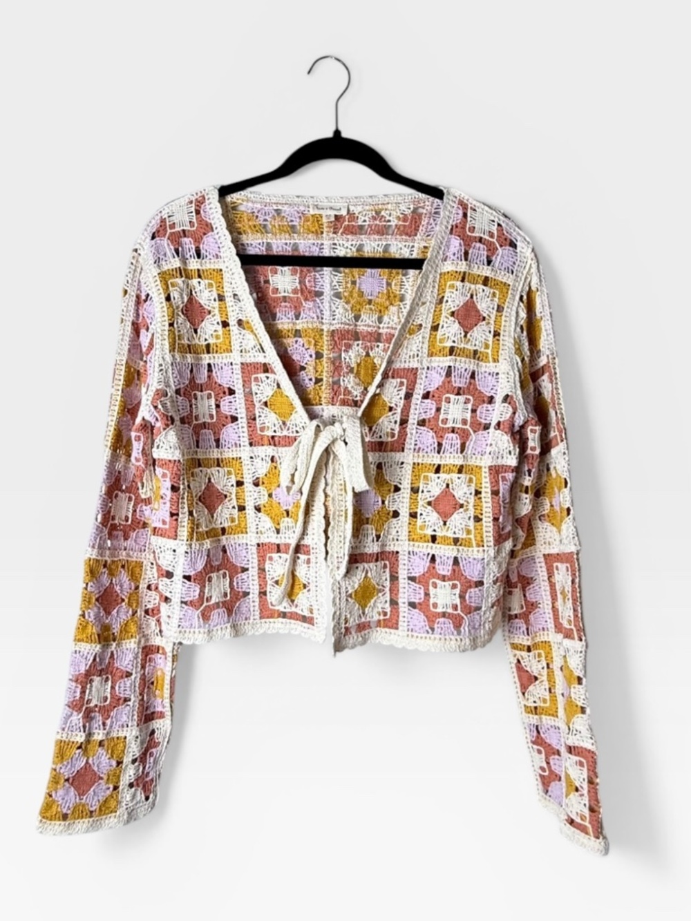 Hem and Thread Crocheted Multicolored Long Sleeve Cardigan with Tie Size M (M)